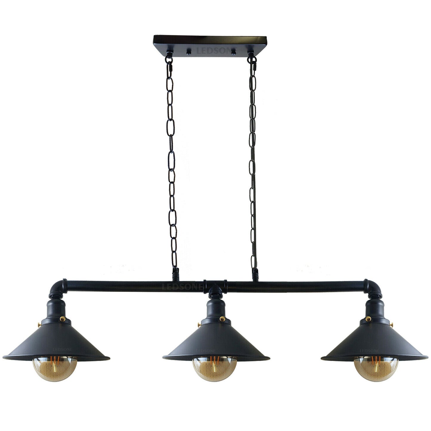 pipe rail chandelier with three downward cone shades for industrial kitchen décor