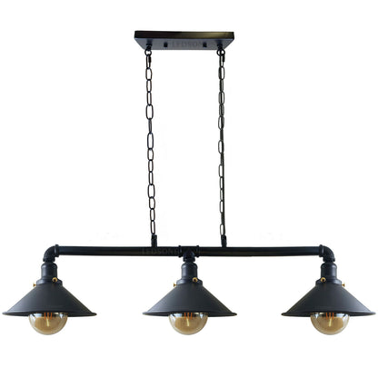 pipe rail chandelier with three downward cone shades for industrial kitchen décor