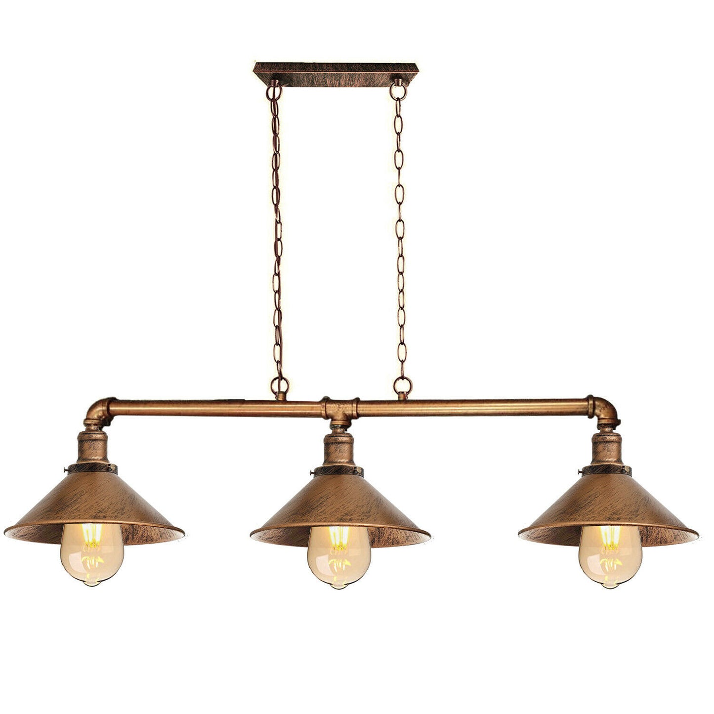 Yellow Brass Copper pipe rail 3-head chandelier with vintage cone shades for restaurant ambience