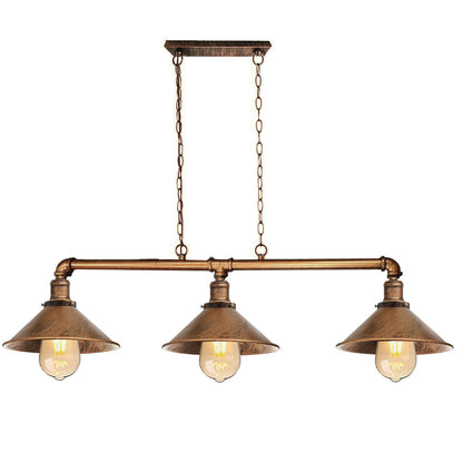 Yellow Brass Copper pipe rail 3-head chandelier with vintage cone shades for restaurant ambience