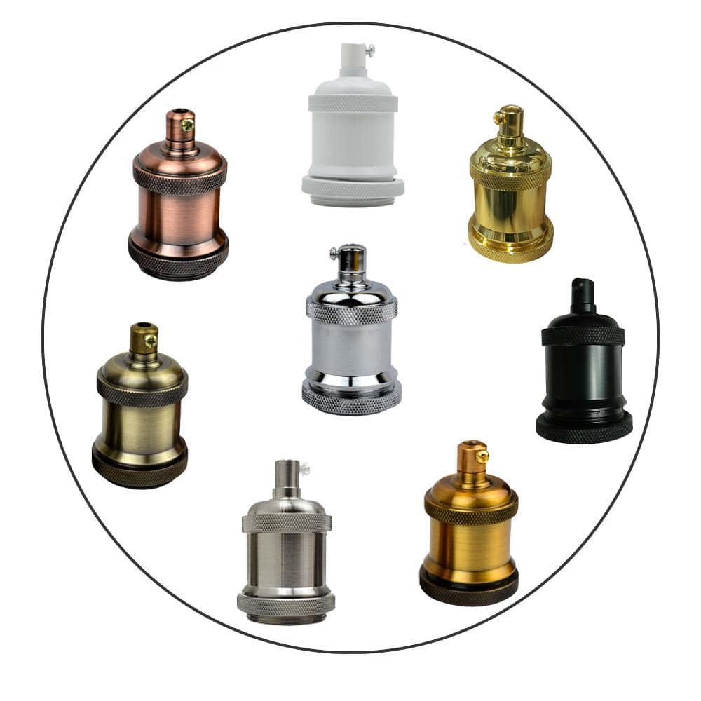 A collection of E26 metal lamp holders in various colors including black, chrome, copper, rose gold, and brass, designed for vintage Edison filament bulbs.