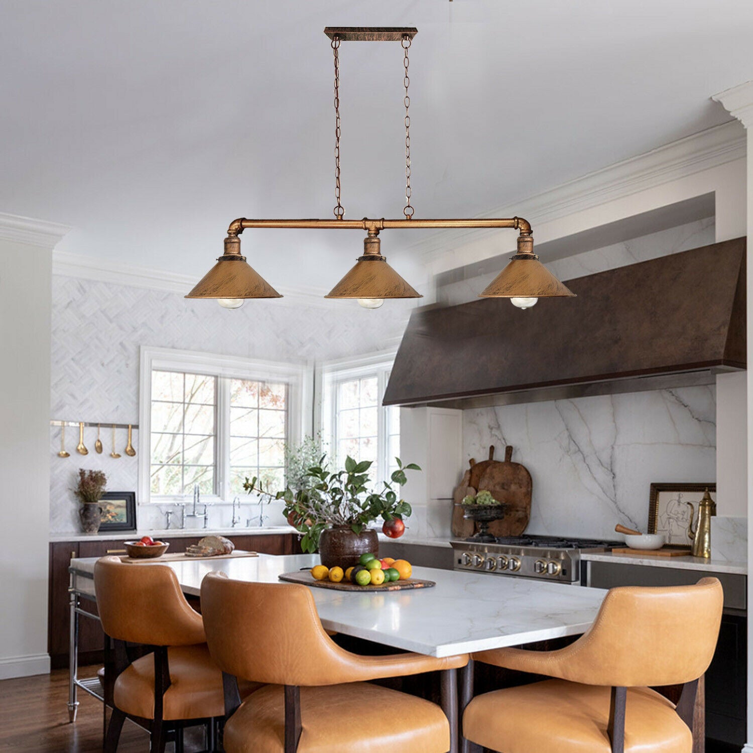 Yellow Brass Industrial pipe chandelier in matte black with trio of cone shades for bar or bistro