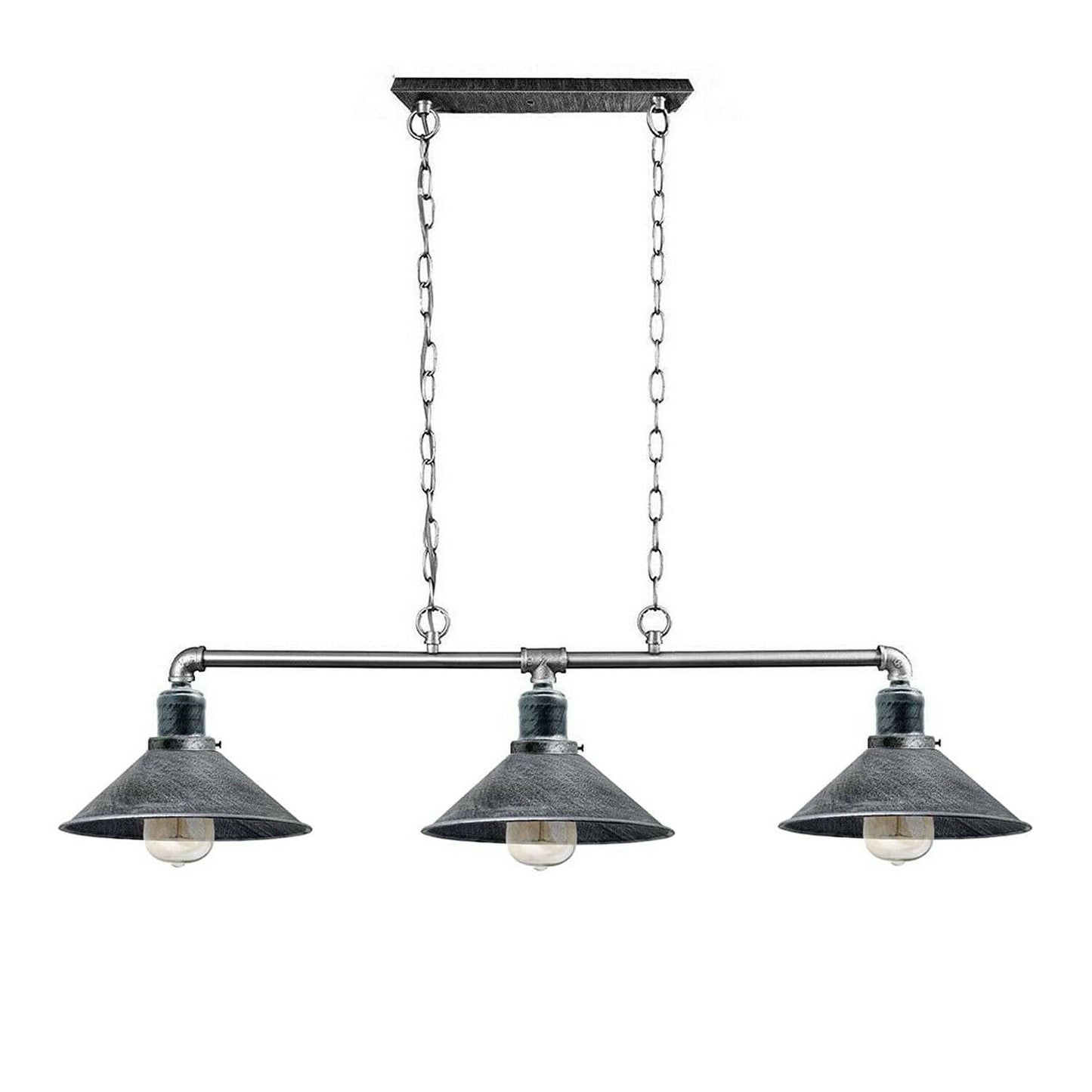 Brushed Silver Industrial three-shade pipe chandelier in aged silver finish for modern loft interior