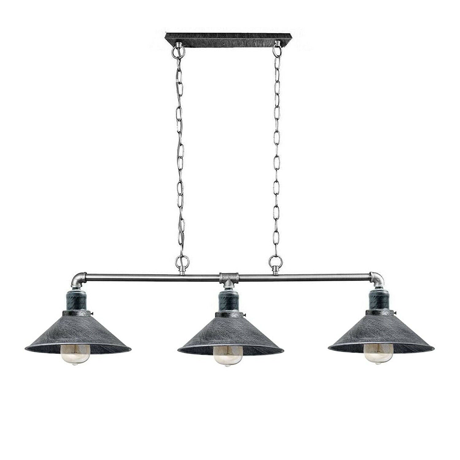 Brushed Silver Industrial three-shade pipe chandelier in aged silver finish for modern loft interior