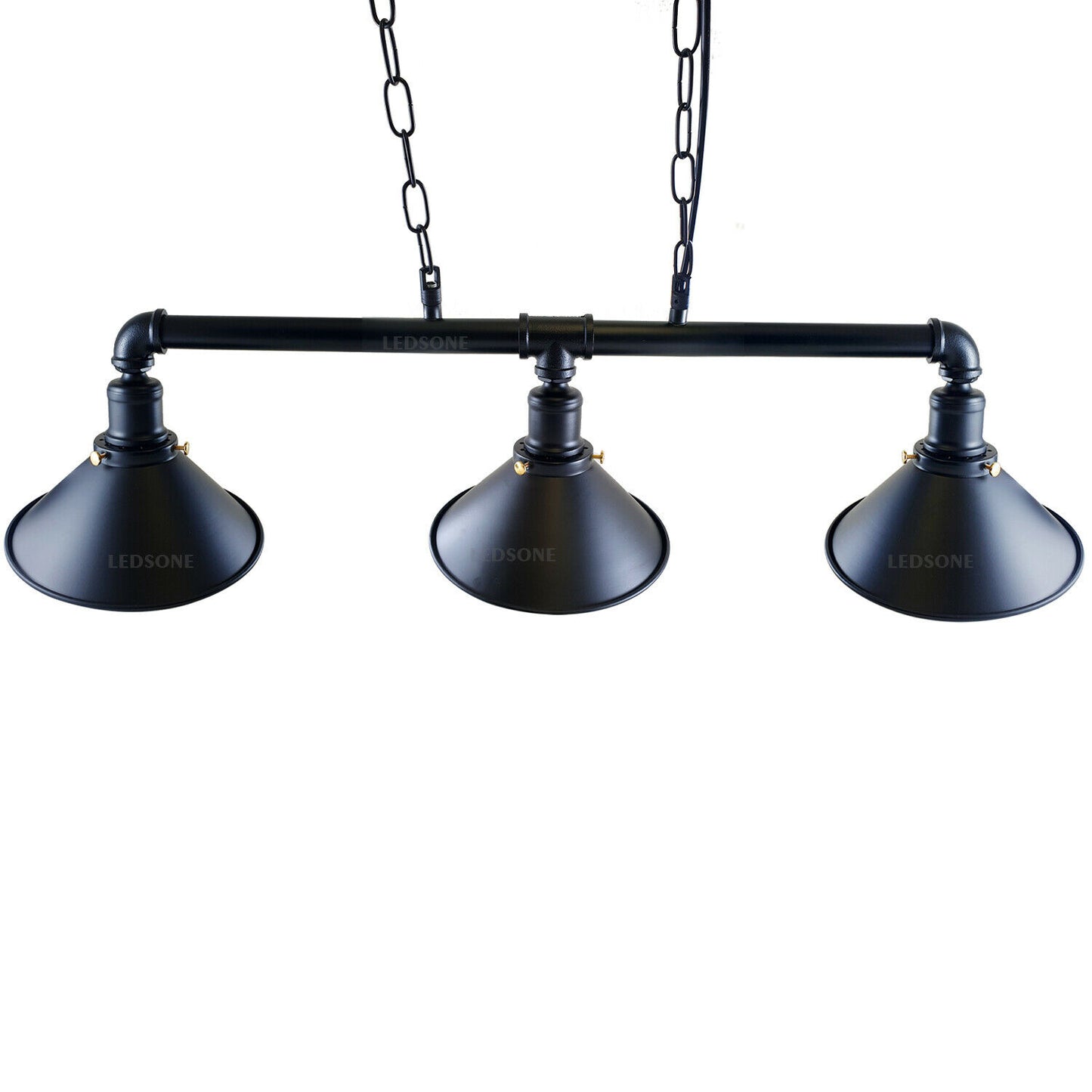 3-way Matte black vintage pipe chandelier with three angled cone shades for modern loft