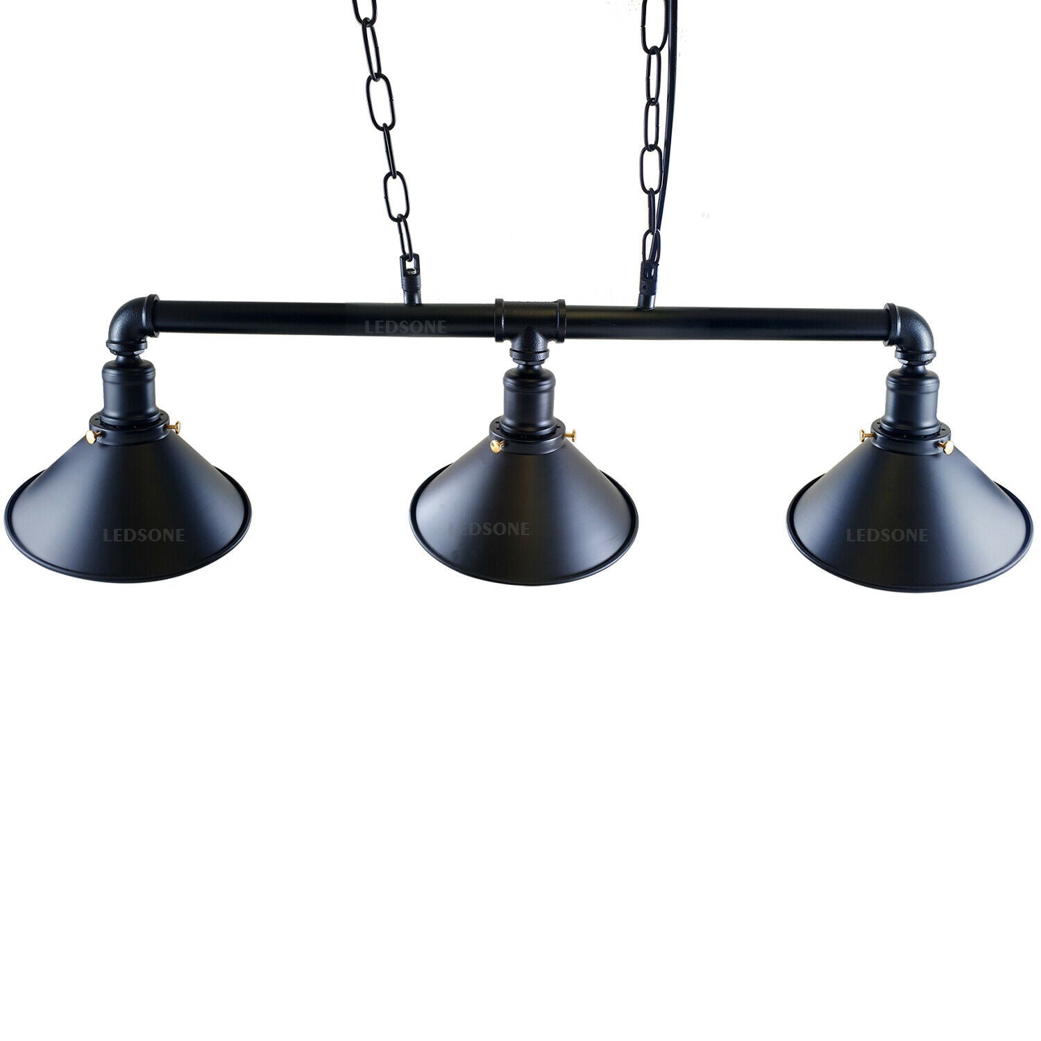 3-way Matte black vintage pipe chandelier with three angled cone shades for modern loft