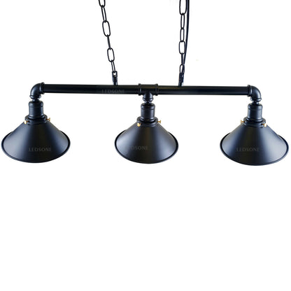 3-way Matte black vintage pipe chandelier with three angled cone shades for modern loft