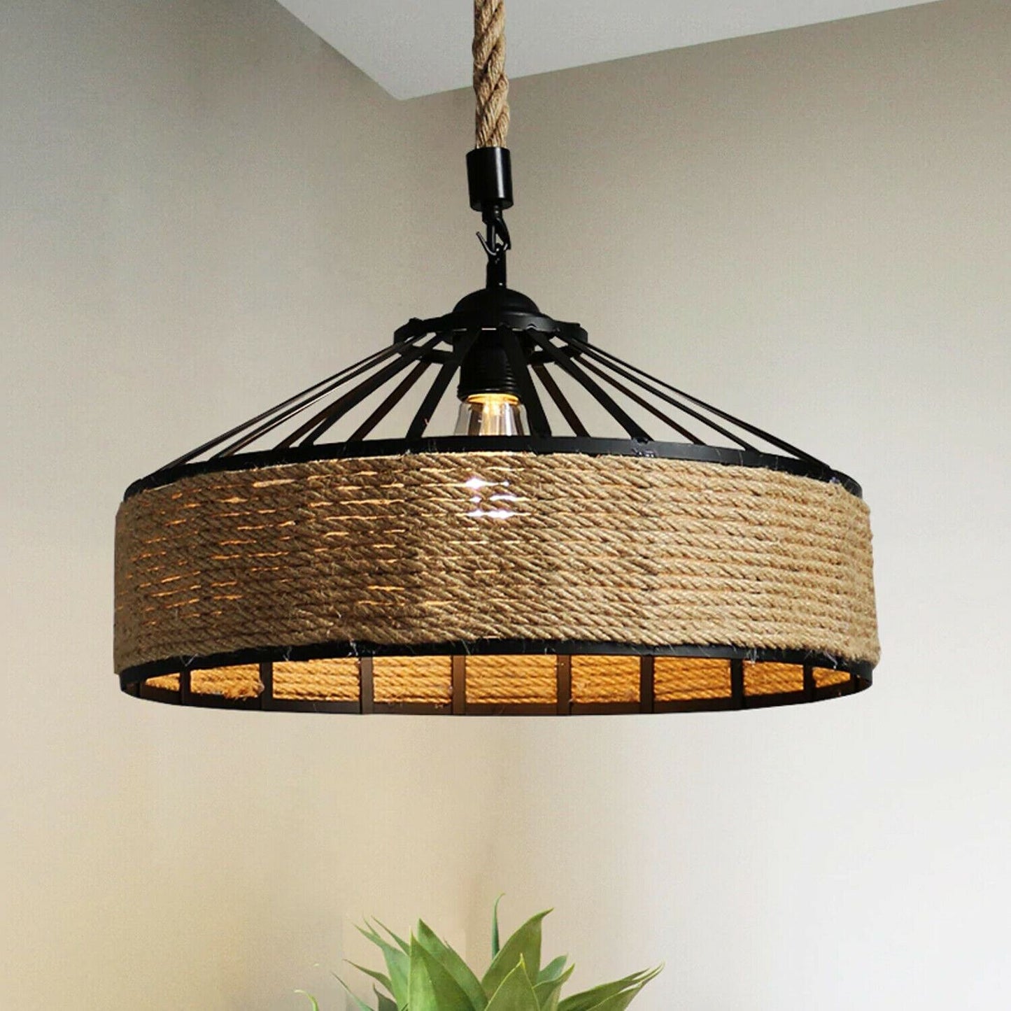 Vintage Hemp Rope pendant Lighting Retro Metal Cage Shade Pendant Hanging Light~1109
