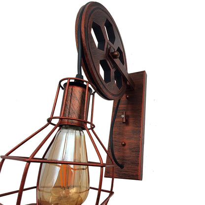 Retro Vintage Light Shade Wheel Ceiling Lifting Pulley Industrial Wall Lamp Fixture