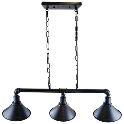Silver 3-head pipe rail ceiling chandelier with cone shades for bistro or lounge area