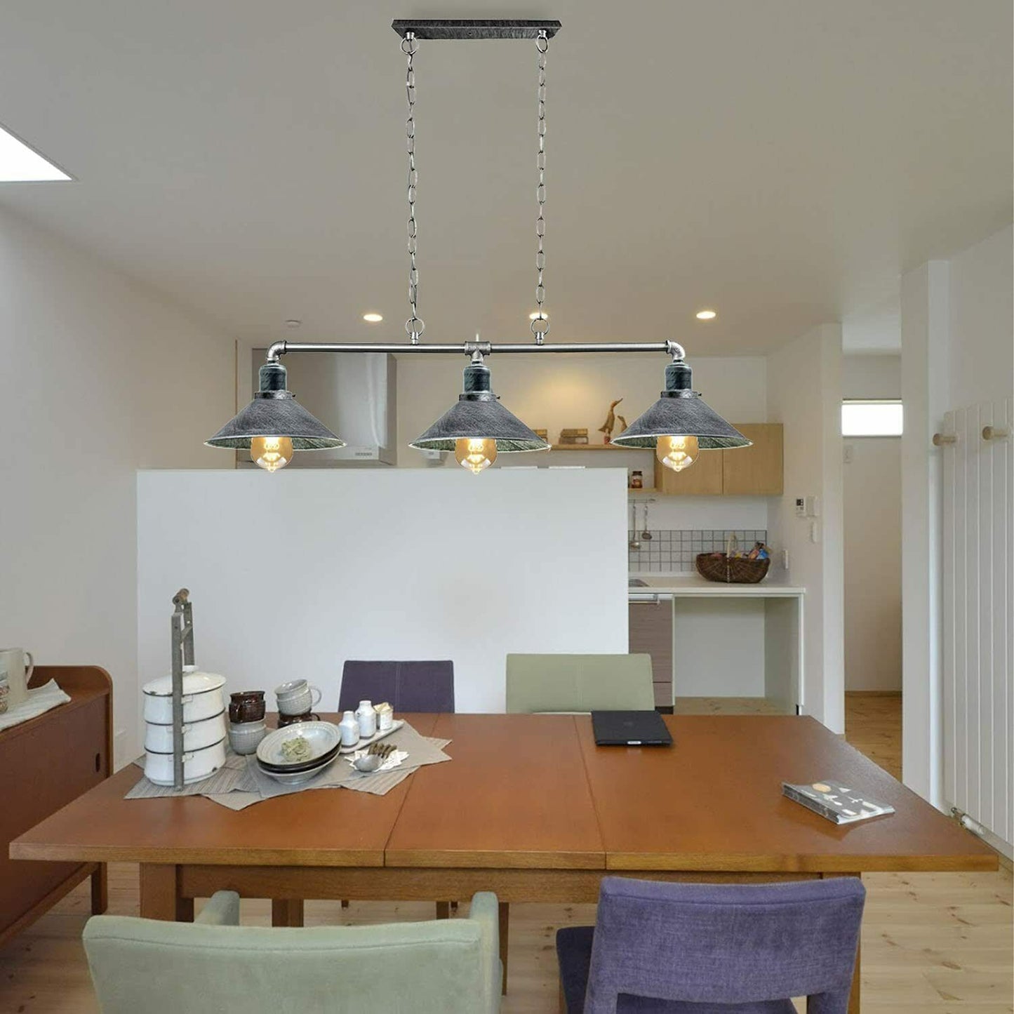  pipe rail chandelier with three vintage cone shades for café or bistro lighting