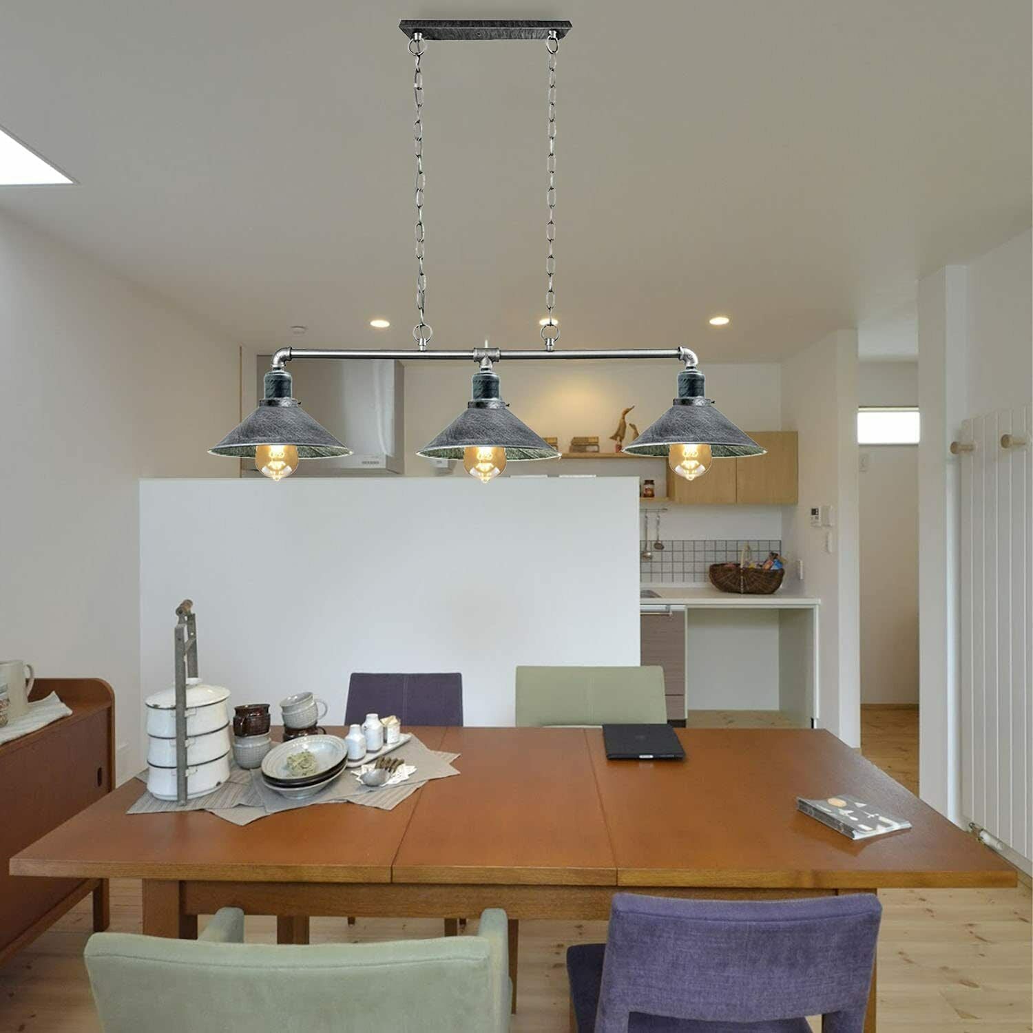  pipe rail chandelier with three vintage cone shades for café or bistro lighting
