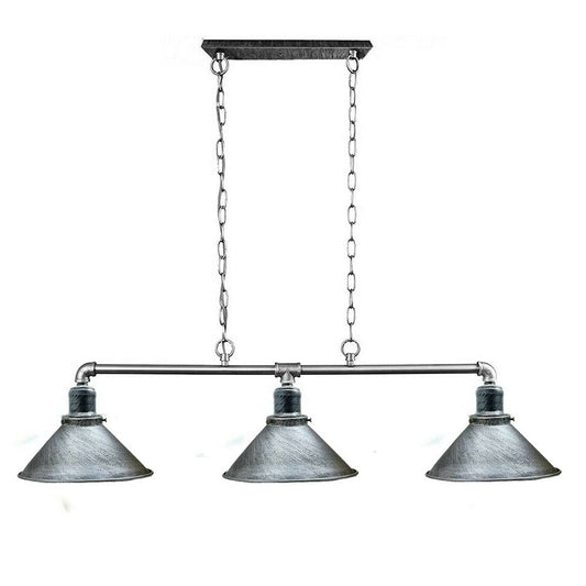 A three-headed industrial pipe ceiling chandelier with brushed silver cone shades on chain