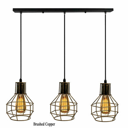 Three black open-frame cage shades on pendant bar for eclectic industrial interior