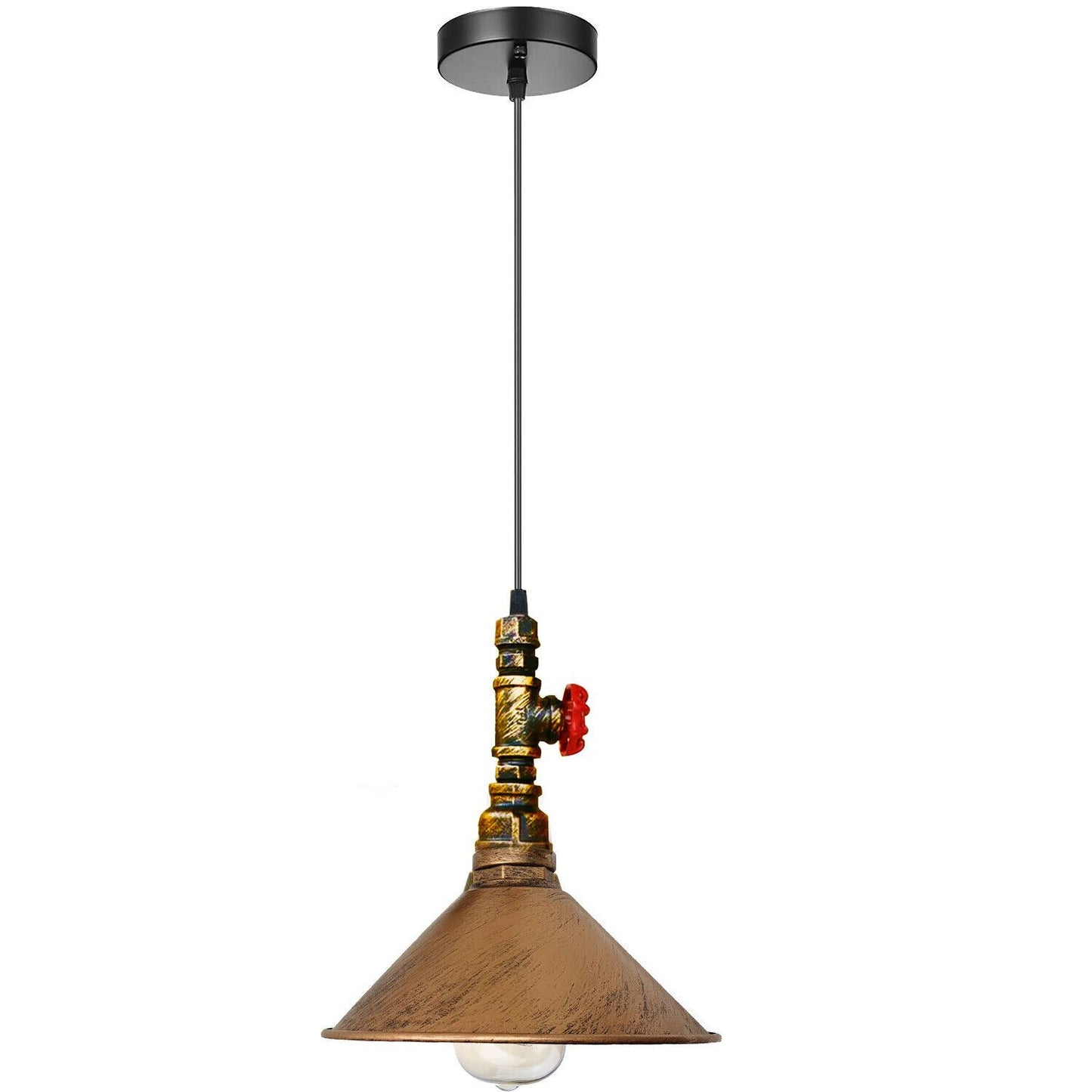 Vintage water pipe pendant light in brushed copper with cone shade and red valve wheel detail