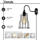 Black Metal Plug in Wall Lamp Gooseneck Wall Sconce Wire Cage 4m Wire with dimmer switch~1539