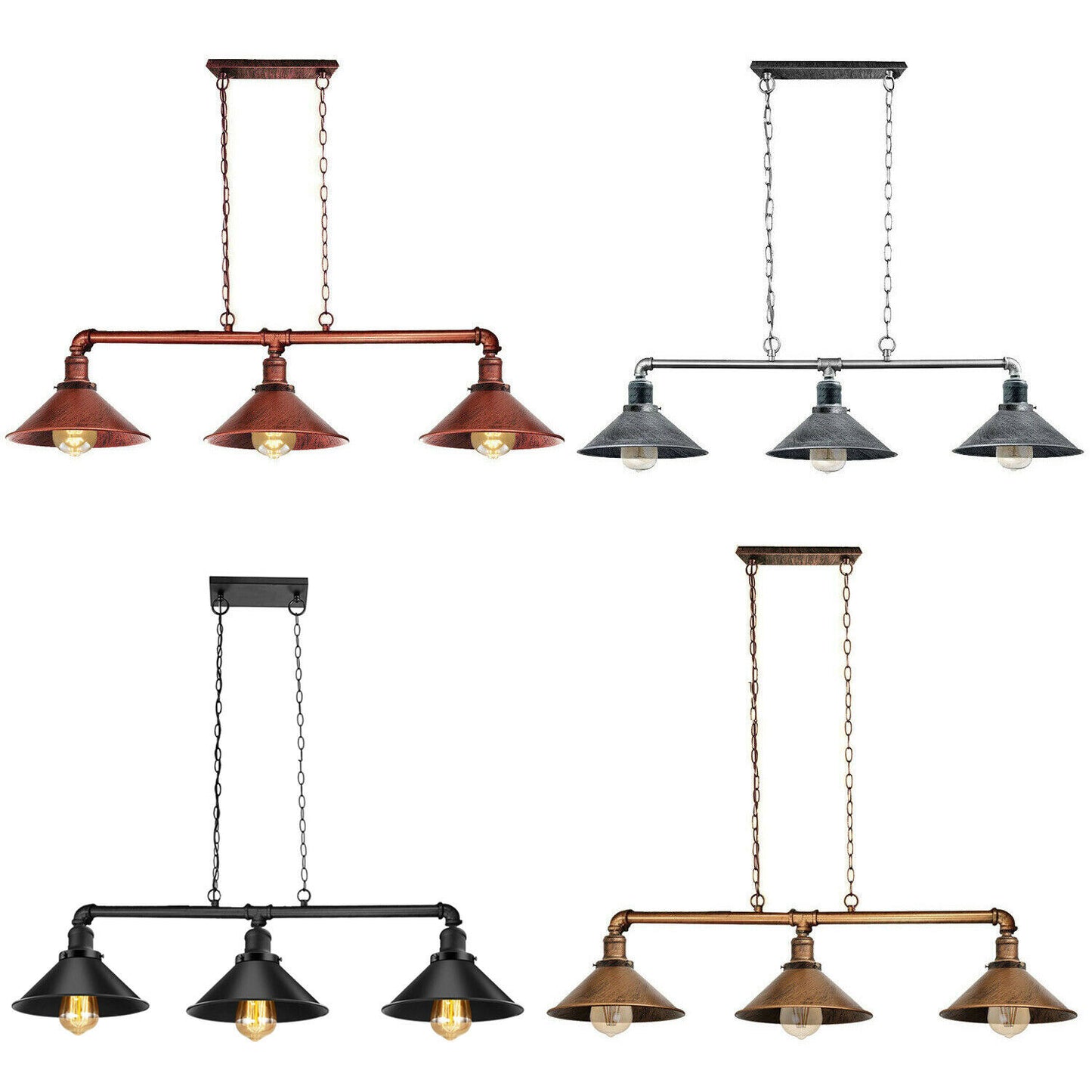 Four-colour industrial pipe chandelier range with three cone shades in copper, silver, black and brass