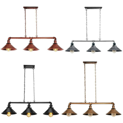 Four-colour industrial pipe chandelier range with three cone shades in copper, silver, black and brass