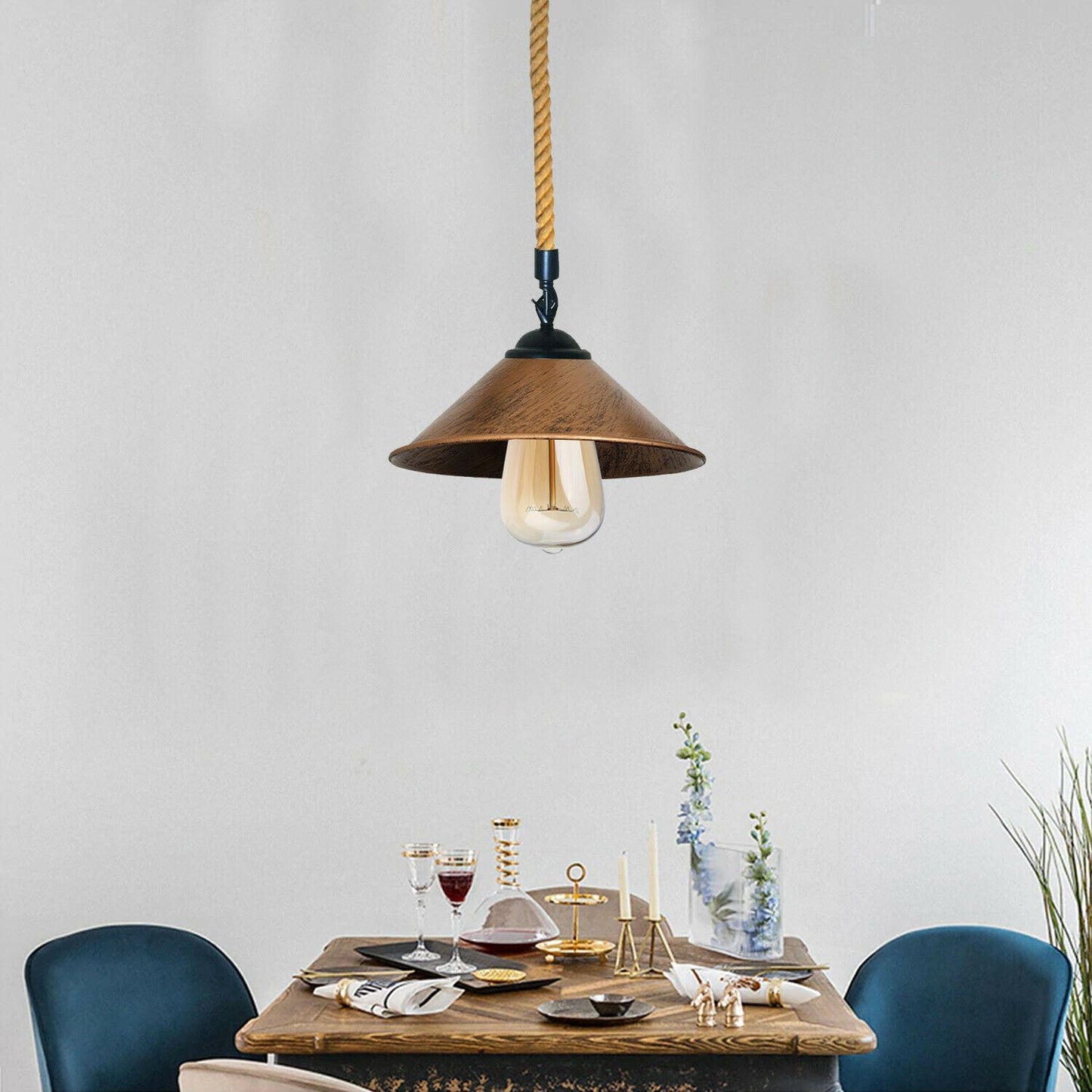 Brushed Copper metal hemp rope cone pendant light for dining room.JPG