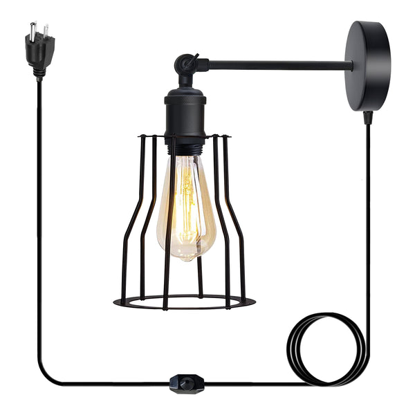 Industrial Black Metal Plug in wall Lamp Shade Wire Cage 4m wire with dimmer switch~1538